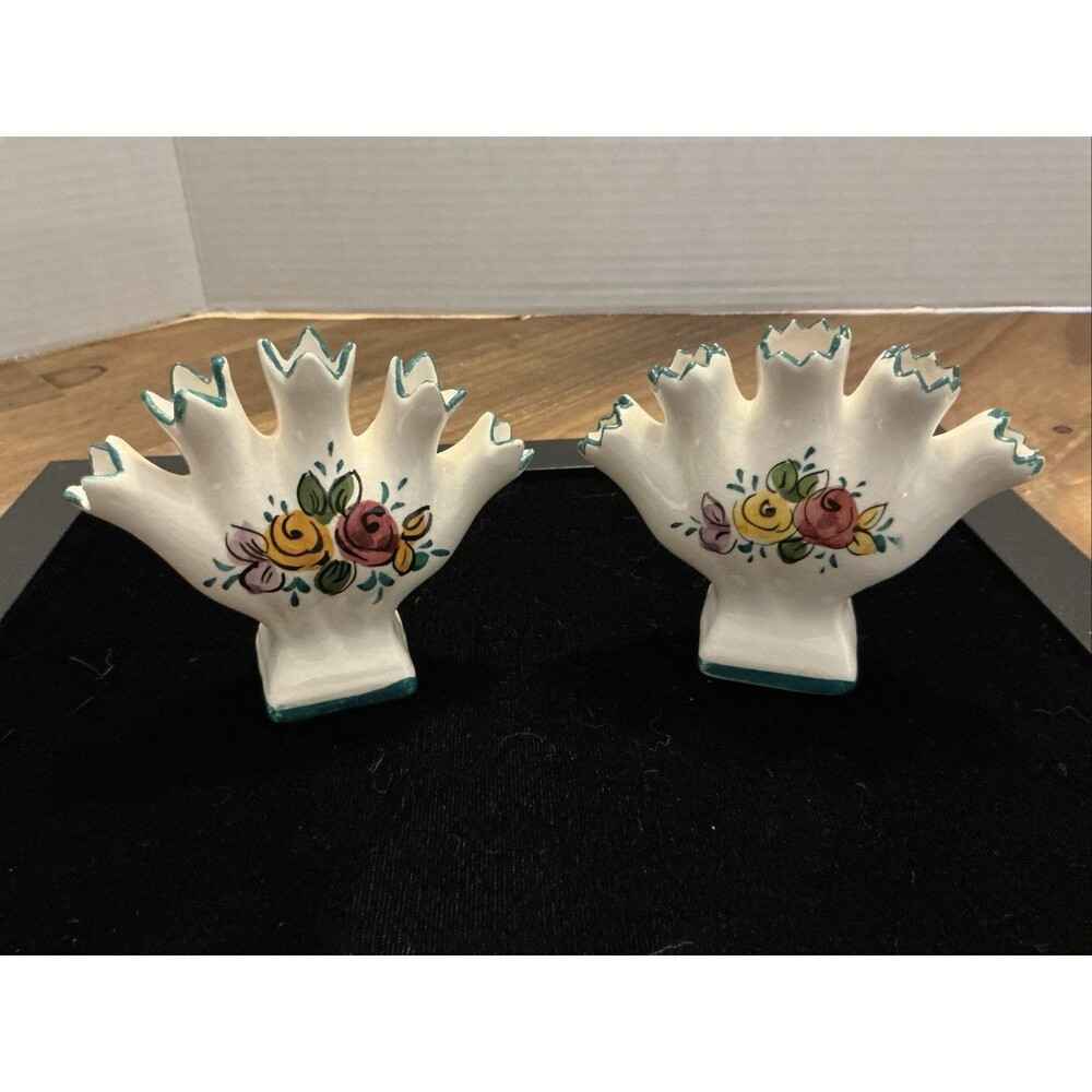 Pair Finger Scalloped Bud Vases ELBA Alcobaca #305  Aqua Art Pottery Portugal